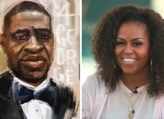 Michele Obama faz homenagem a George Floyd com um quadro pintado escrito: “Justiça a George”.